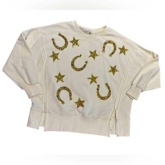 Peach Love California Tops - Peach Love Ivory Oversized Sweatshirt In Women's Small with Sequin Horseshoes